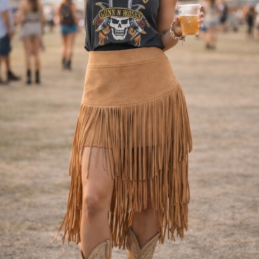 SOLD ❌ Tan Faux Suede Fringe Skirt Western Boho Festival Cowgirl (L) Runs Small